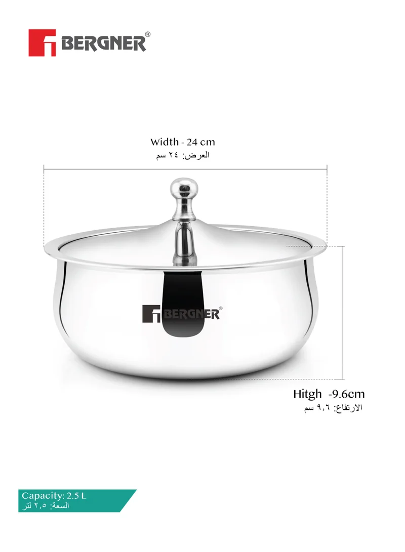 بيرجنر Bergner Vienna Stainless Steel Insulated Hot Pot 24cm (2.5L), Double-Walled Casserole with Lid for Keeping Food Warm & Fresh, Cast Steel Knob, Durable Serving Pot for Rice Roti Curries